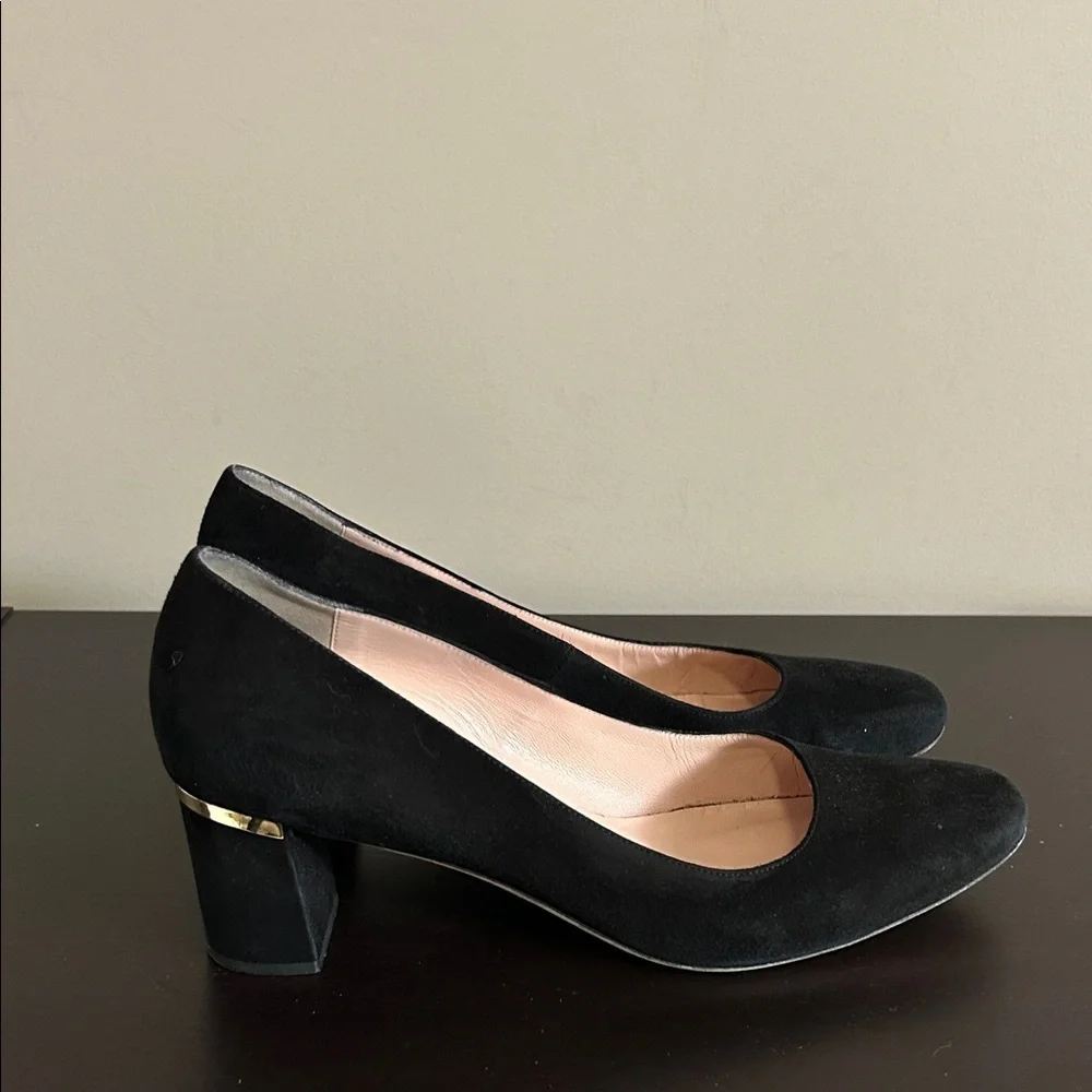Kate Spade Dolores Too Designer Black Suede Gold Block Heel Pumps Sz 10